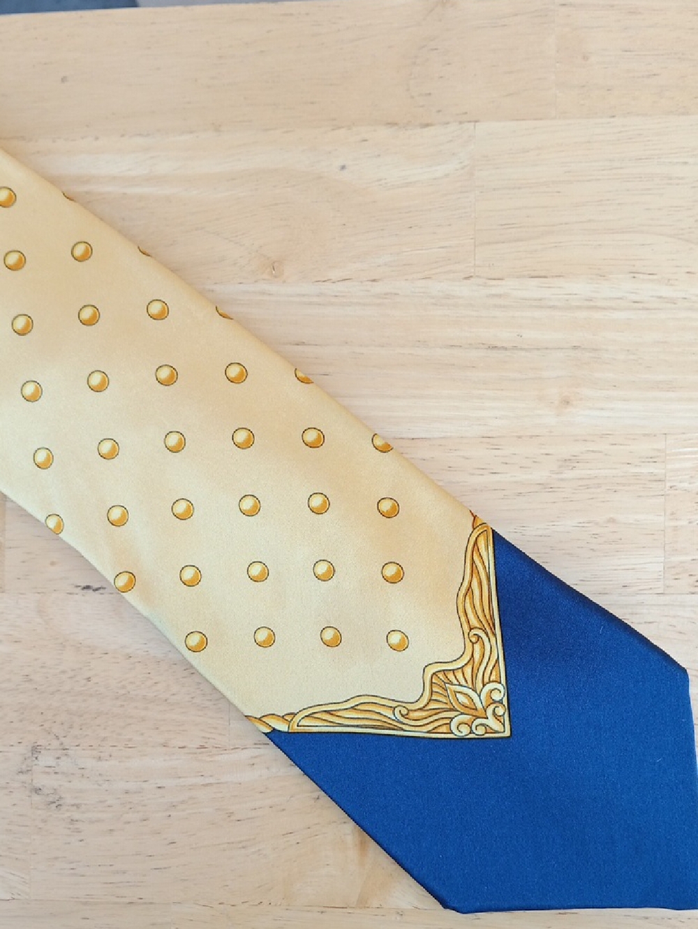 Gianni Versace Yellow and Blue Polka Dot Silk Tie with Baroque Accent